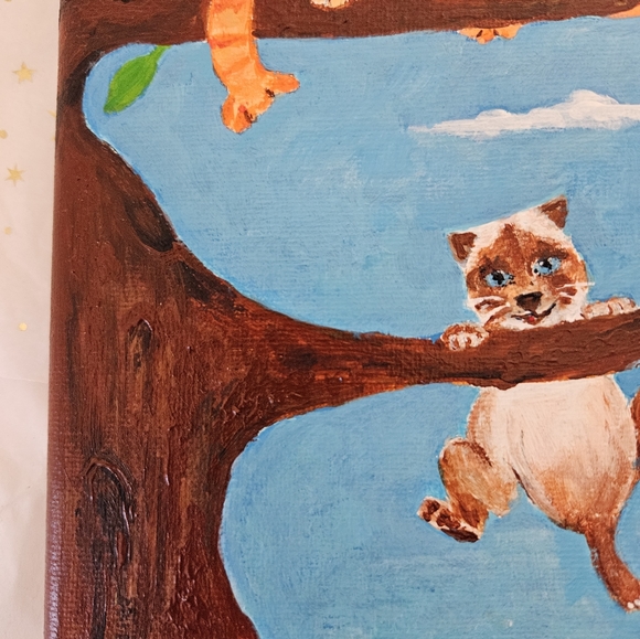 Original Art /Acrylic Canvas /Cute Kitties in a Tree / 8in x 8in - Picture 3 of 11